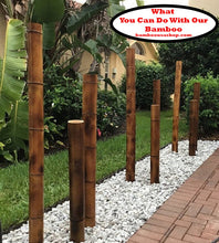 Load image into Gallery viewer, Bamboo Poles-(Set of 3- 4" Diameter)-Garden Landscape Flamed Bamboo Poles-(1) 3' (1) 4' (1) 5' Long - what you can do with our bamboo - bamboousashop.com