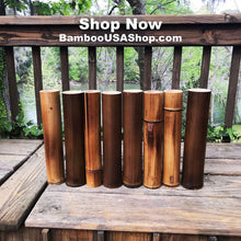 Load image into Gallery viewer, Bamboo Poles -Lot of 8 Flamed Bamboo Pole Pieces (2&quot;- 2.5&quot; diam. x 1 ft long) -  bamboousashop.com
